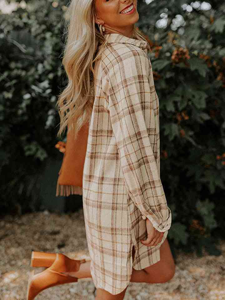 Plaid Collared Neck Long Sleeve Shirt Dress - TRENDMELO