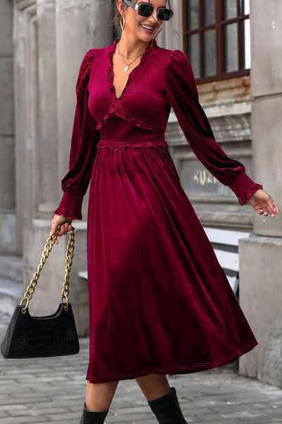 Smocked Lantern Sleeve Midi Dress - TRENDMELO