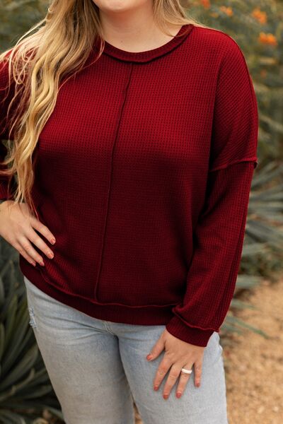 Plus Size Exposed Seam Waffle-Knit High-Low Sweatshirt - TRENDMELO