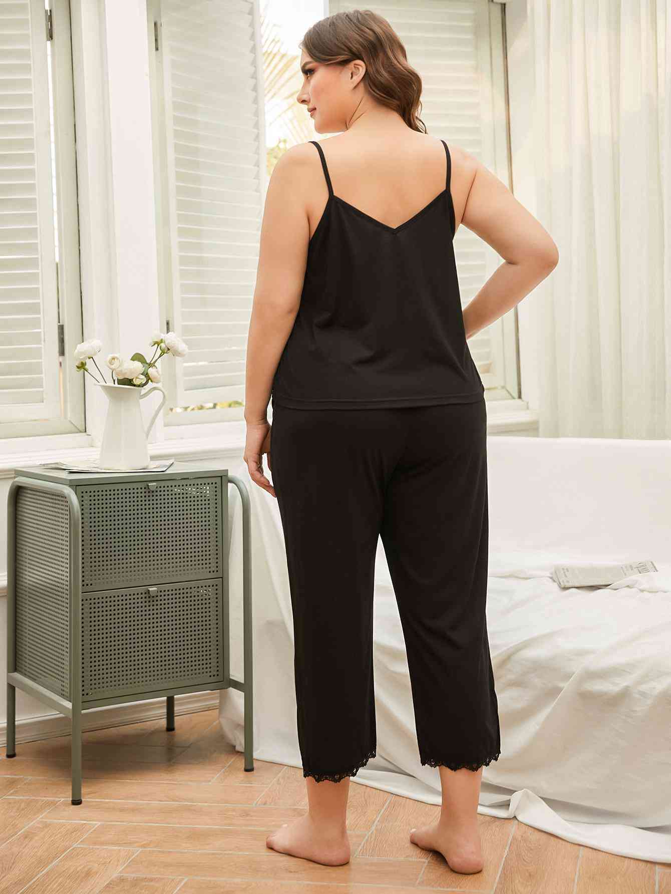 Plus Size Lace Trim Slit Cami and Pants Pajama Set - TRENDMELO