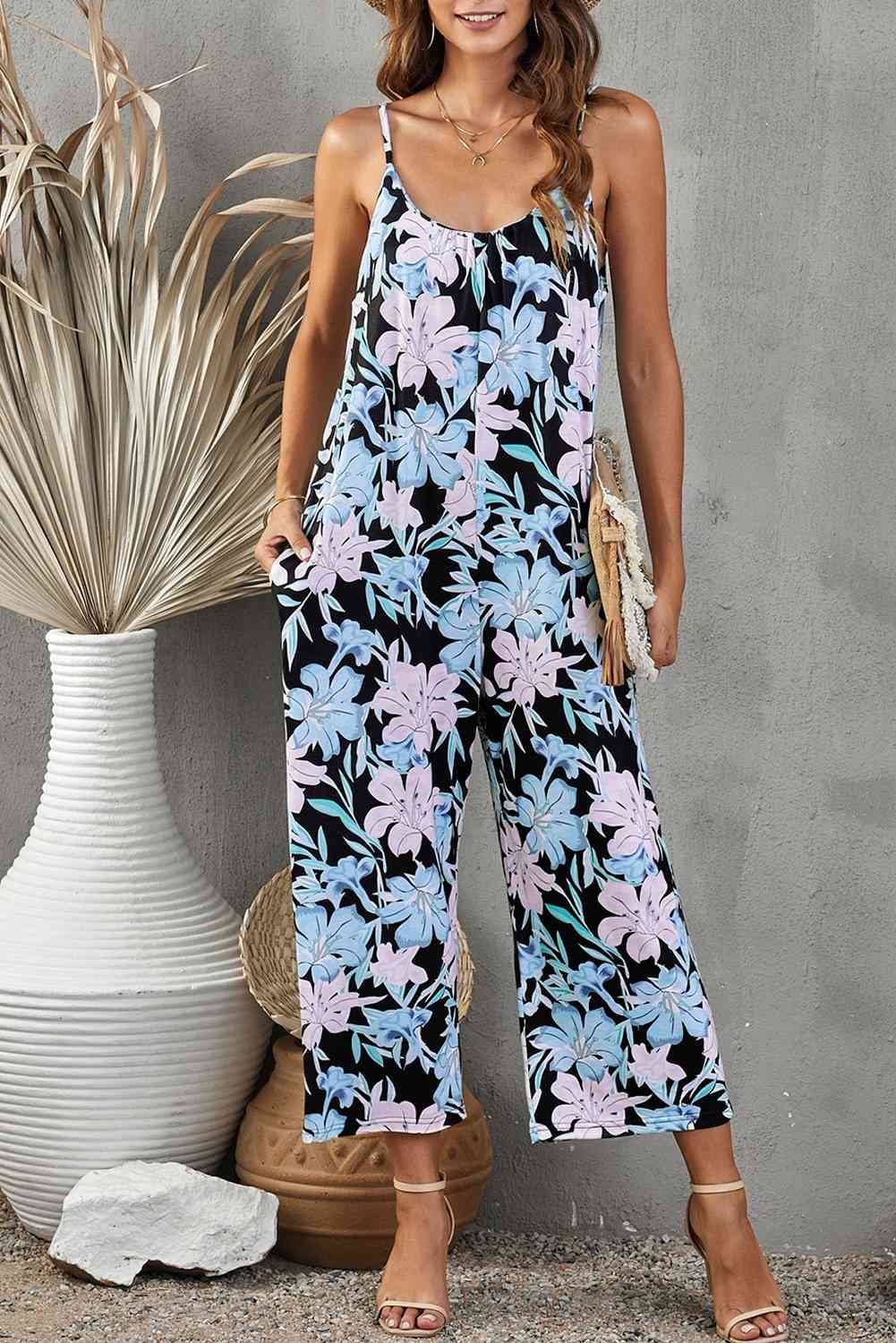 Botanical Print Spaghetti Strap Cropped Jumpsuit - TRENDMELO