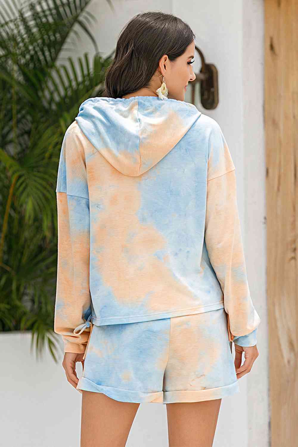 Tie-Dye Drawstring Hoodie and Shorts Set - TRENDMELO