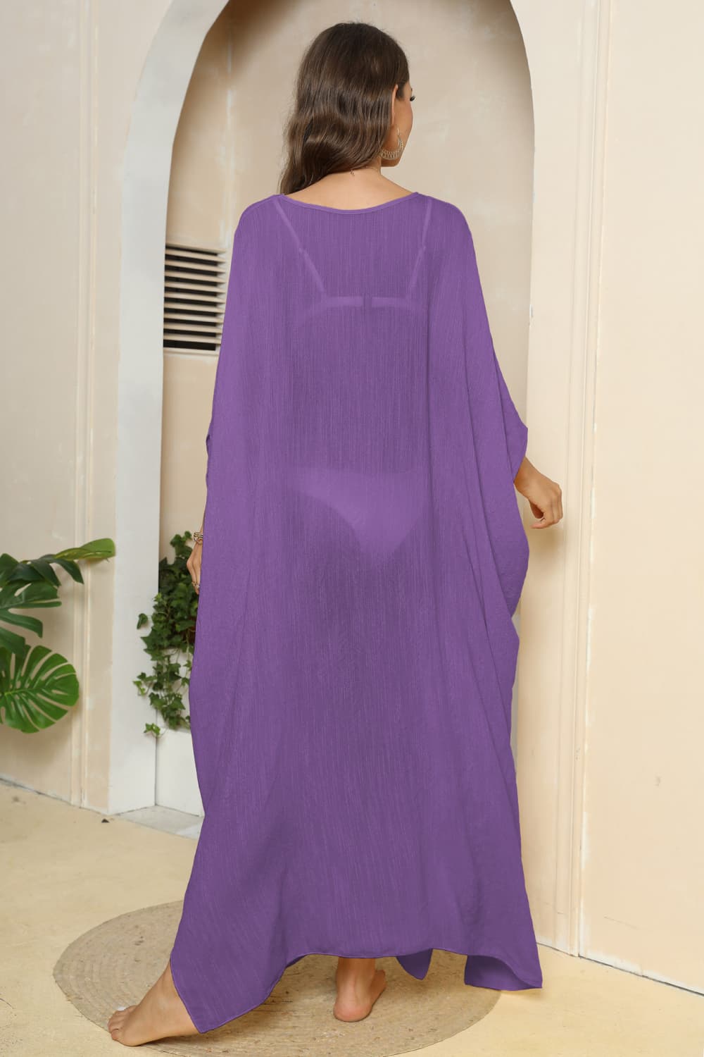 V-Neck Three-Quarter Sleeve Cover-Up - TRENDMELO
