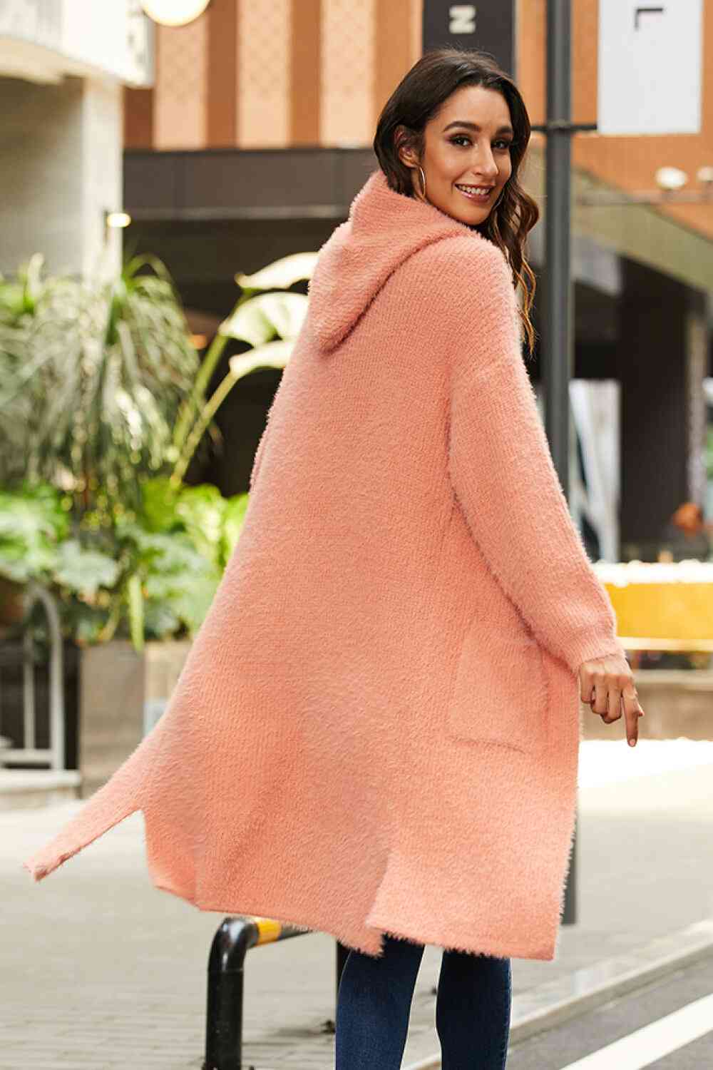 Open Front Long Sleeve Slit Hooded Cardigan - TRENDMELO