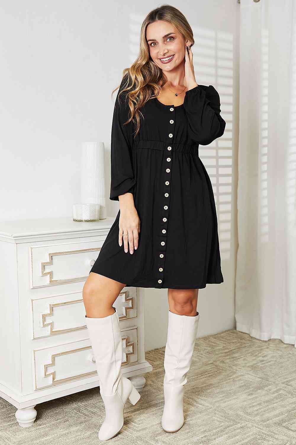Double Take Scoop Neck Empire Waist Long Sleeve Magic Dress - TRENDMELO