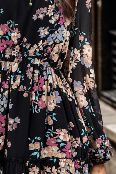 Printed Round Neck Balloon Sleeve Mini Dress - TRENDMELO