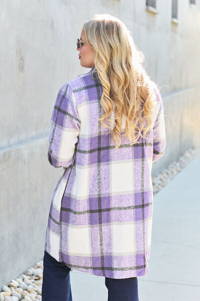 Double Take Full Size Plaid Button Up Lapel Collar Coat - TRENDMELO