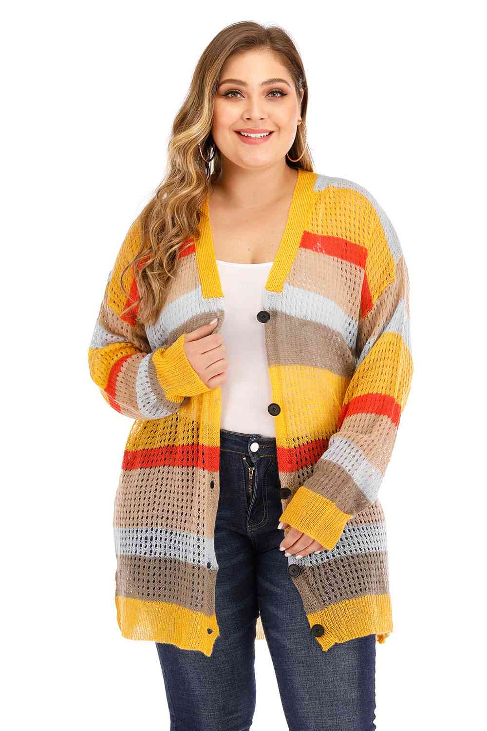 Plus Openwork Color Block Button Up Cardigan - TRENDMELO