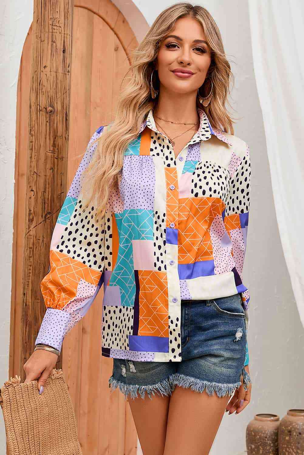 Double Take Patchwork Puff Sleeve Collared Shirt - TRENDMELO
