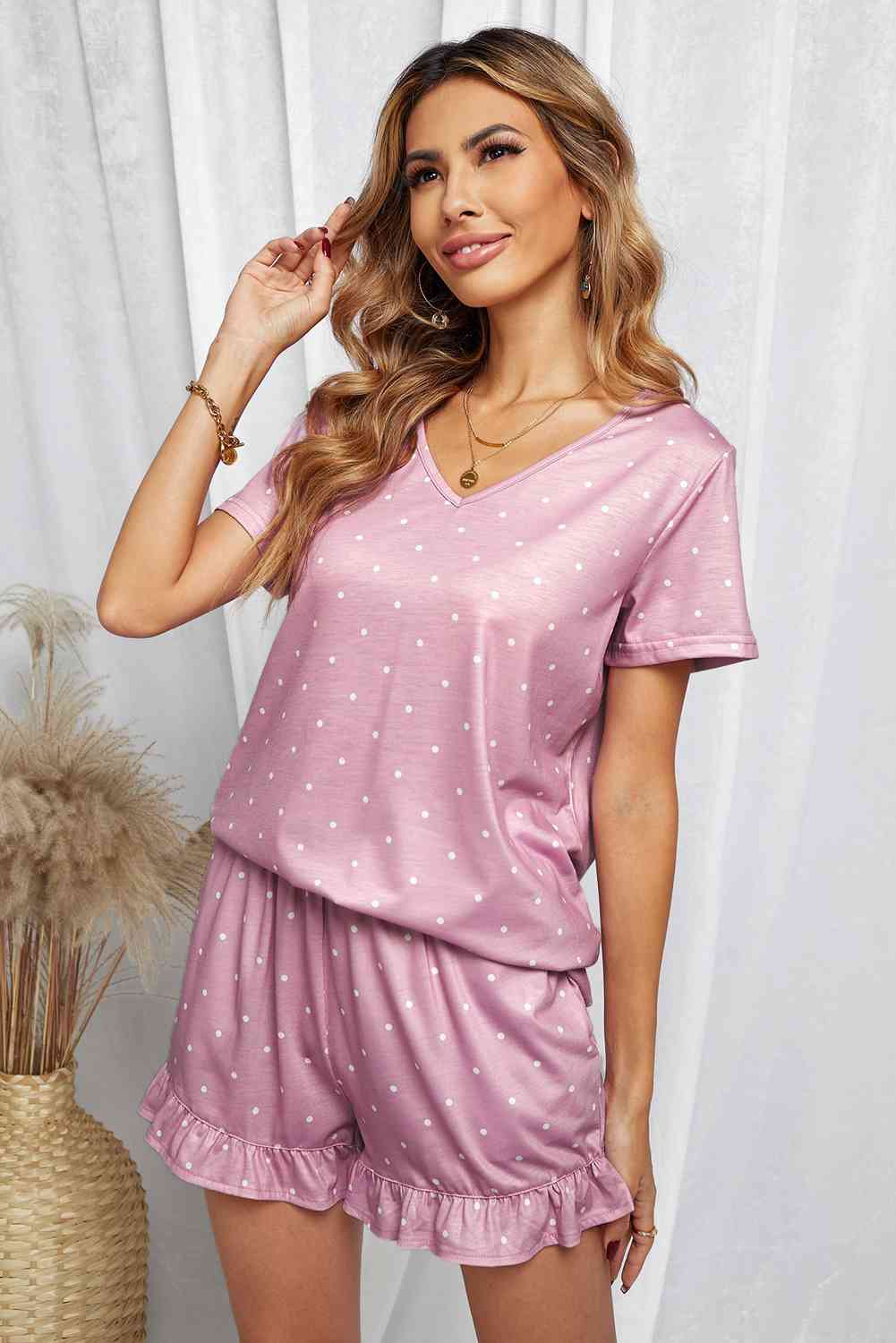 Polka Dot V-Neck Top and Ruffled Shorts Lounge Set - TRENDMELO