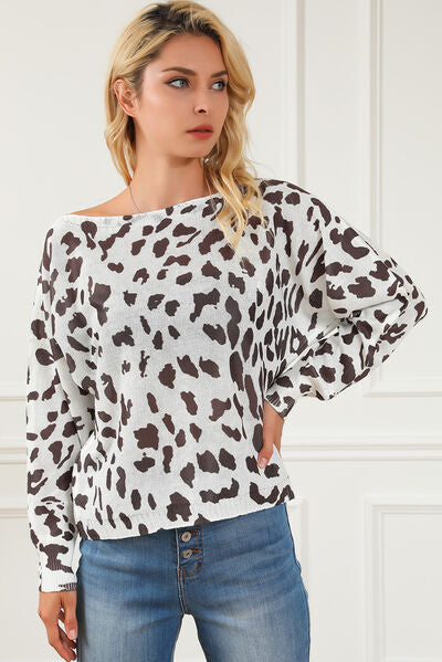 Leopard Boat Neck Long Sleeve Sweater - TRENDMELO