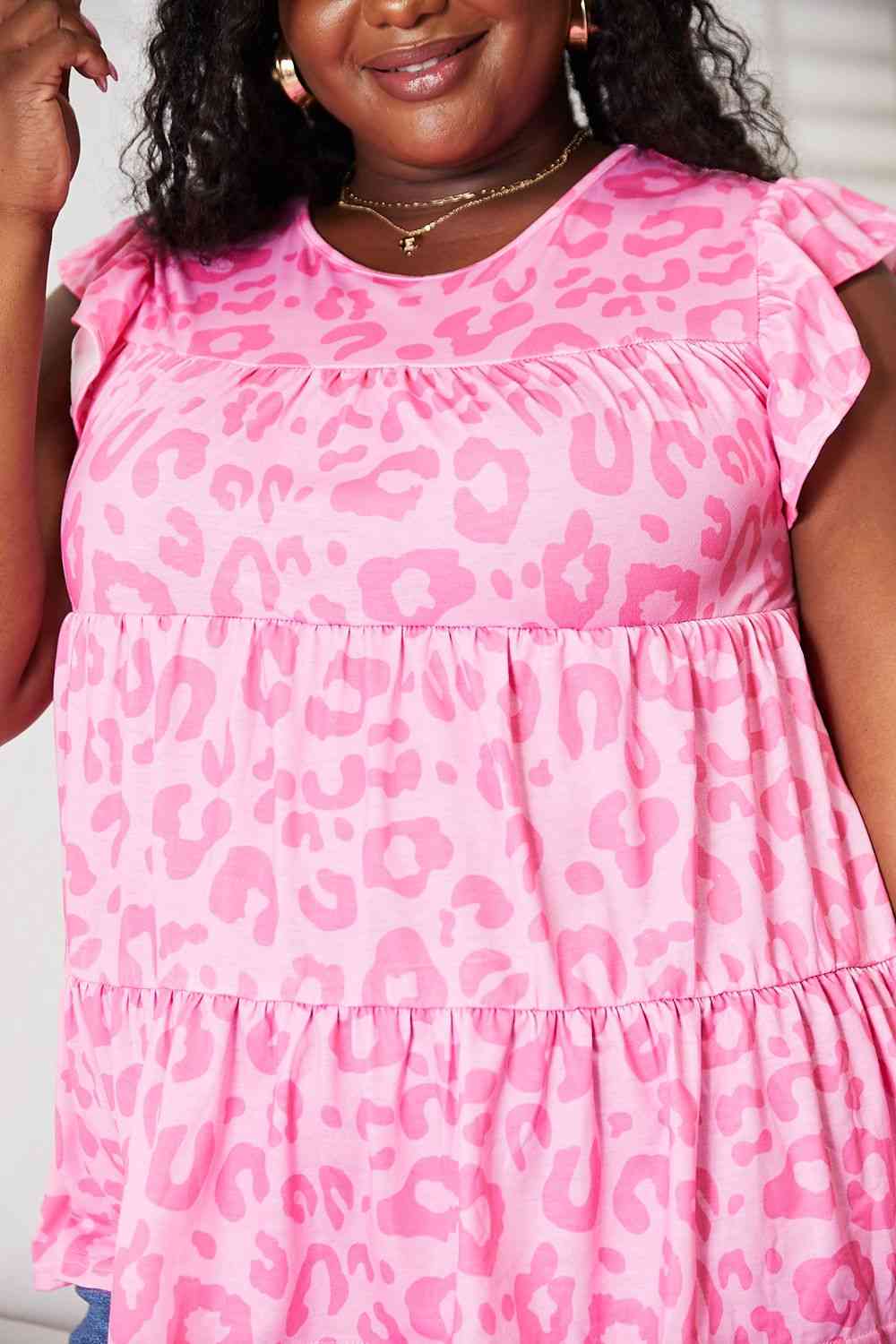 Double Take Leopard Round Neck Tiered Blouse - TRENDMELO