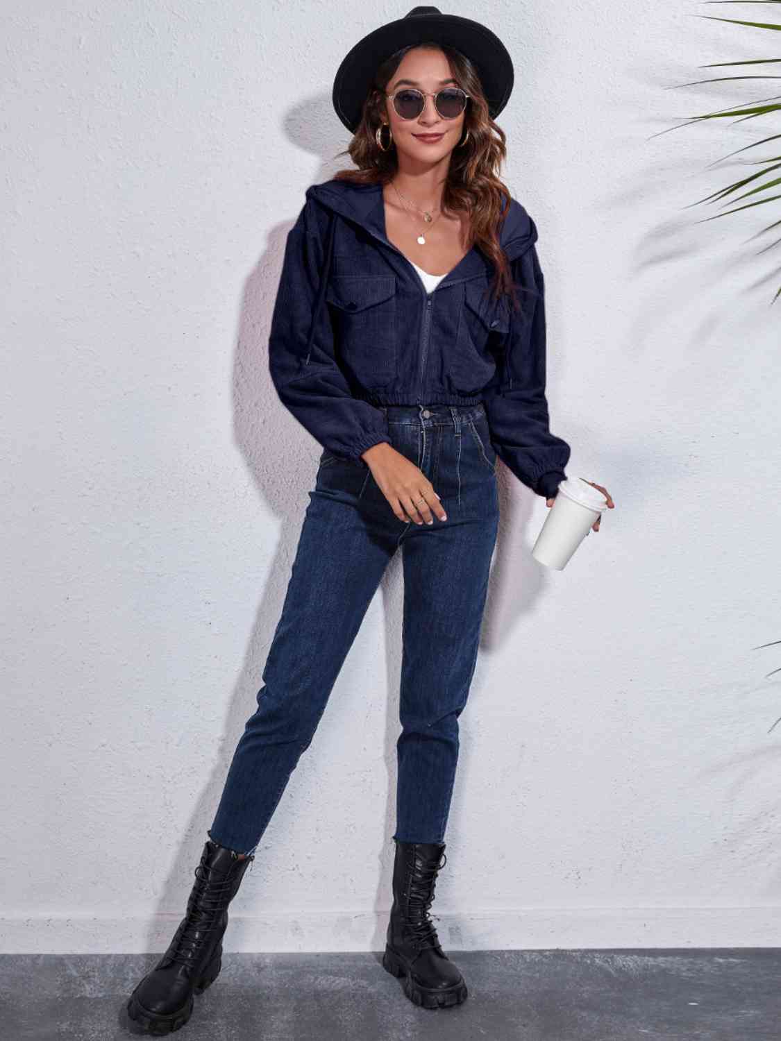 Drawstring Hooded Zip Up Jacket with Pockets - TRENDMELO