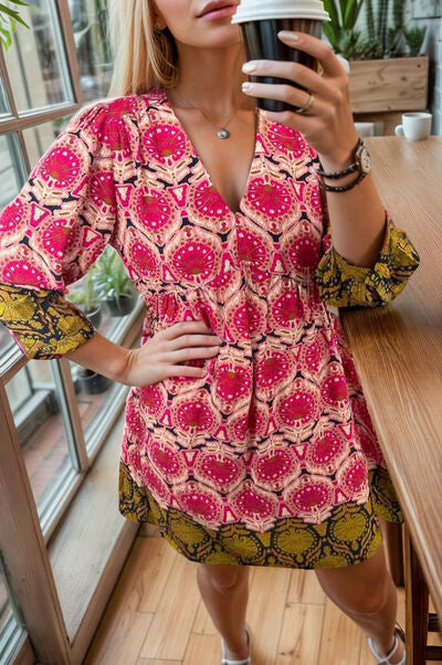Printed V-Neck Three-Quarter Sleeve Dress - TRENDMELO
