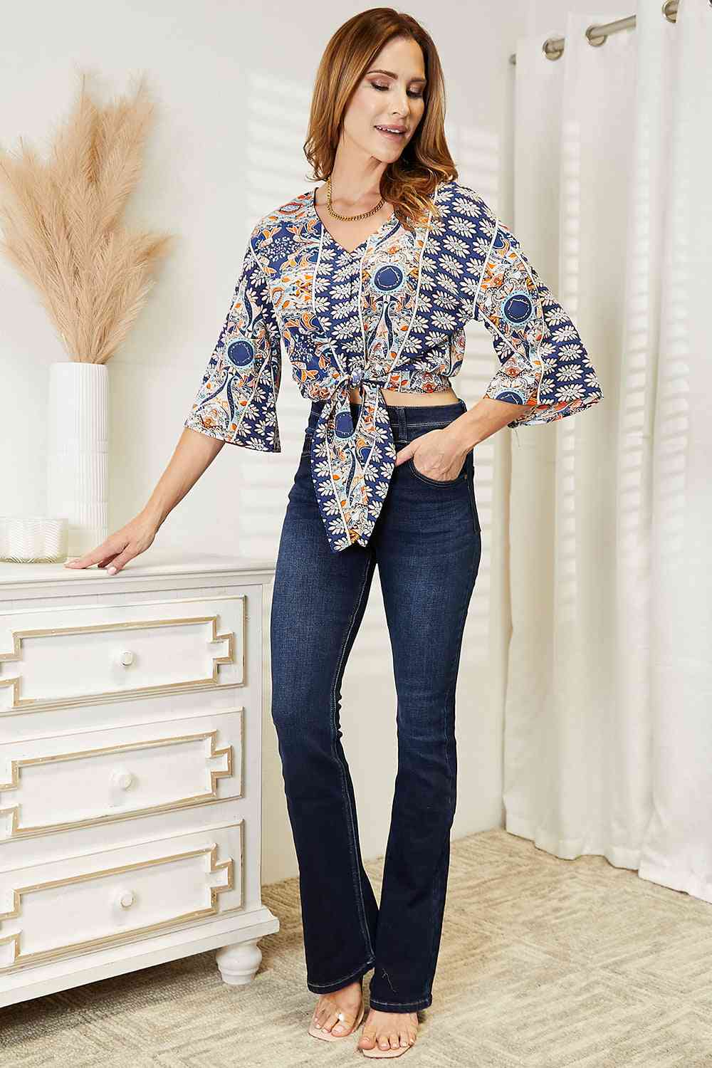 Double Take Tie Hem V-Neck Three-Quarter Sleeve Blouse - TRENDMELO
