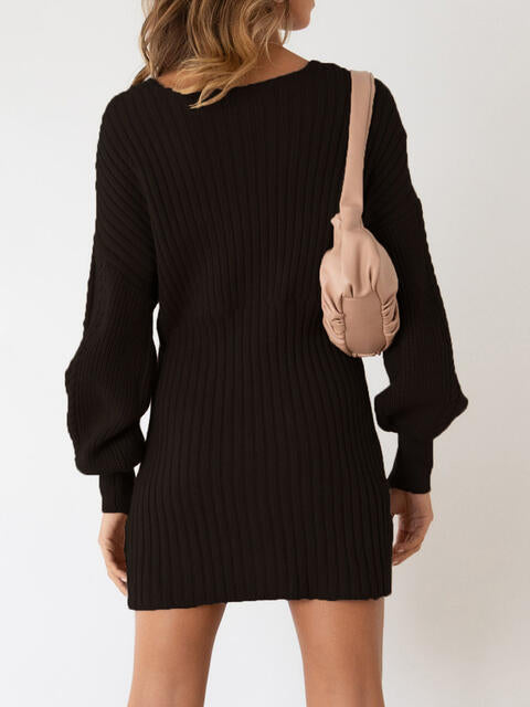 Surplice Neck Long Sleeve Sweater Dress - TRENDMELO