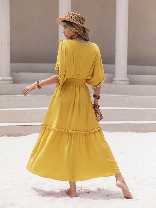 Tassel Trim Smocked V-Neck Short Sleeve Dress - TRENDMELO