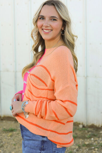 Striped Pocketed Dropper Shoulder Sweater - TRENDMELO
