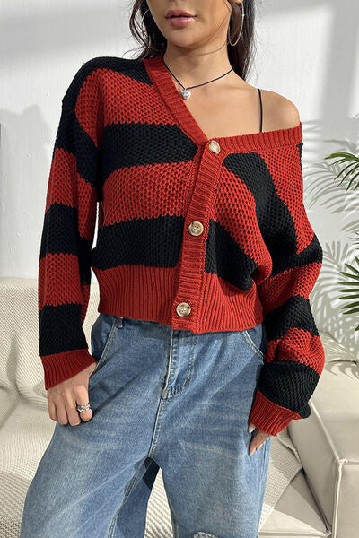 Striped Button Up Dropped Shoulder Cardigan - TRENDMELO
