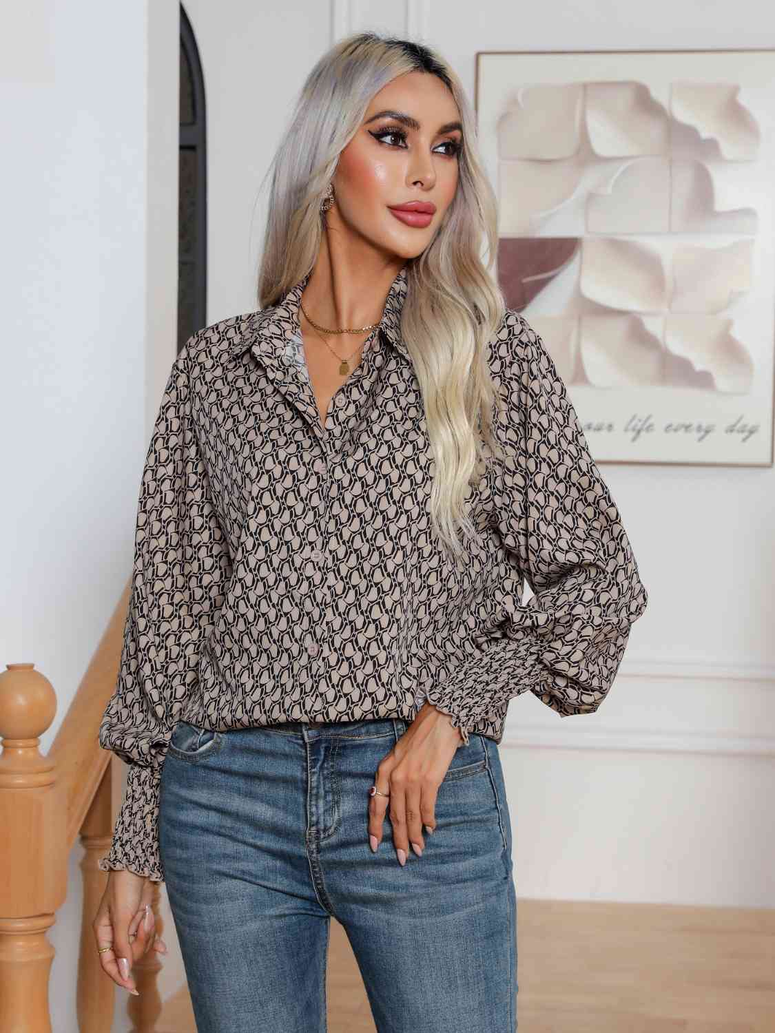 Printed Collared Neck Buttoned Dropped Shouder Shirt - TRENDMELO