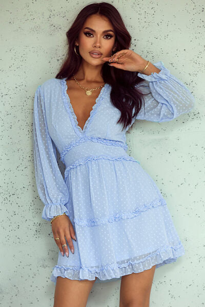 Swiss Dot Frill V-Neck Mini Dress - TRENDMELO