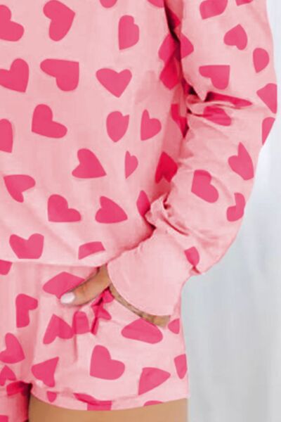 Heart Print Round Neck Top and Shorts Lounge Set - TRENDMELO