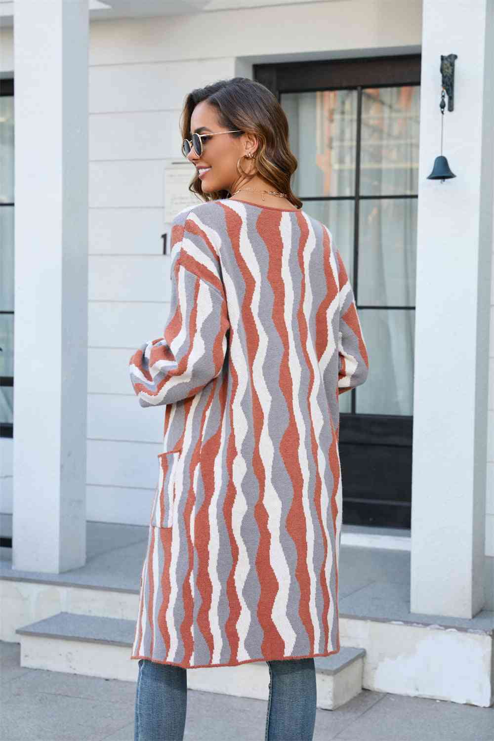 Printed Open Front Pocketed Cardigan - TRENDMELO