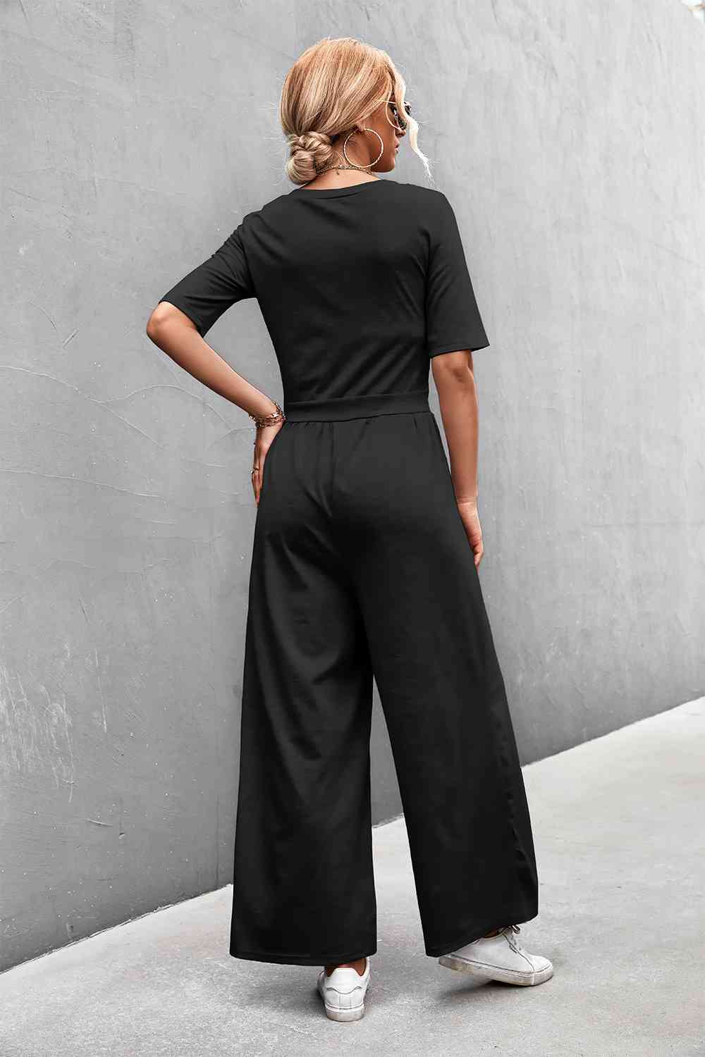 Scoop Neck Half Sleeve Wide Leg Jumpsuit - TRENDMELO
