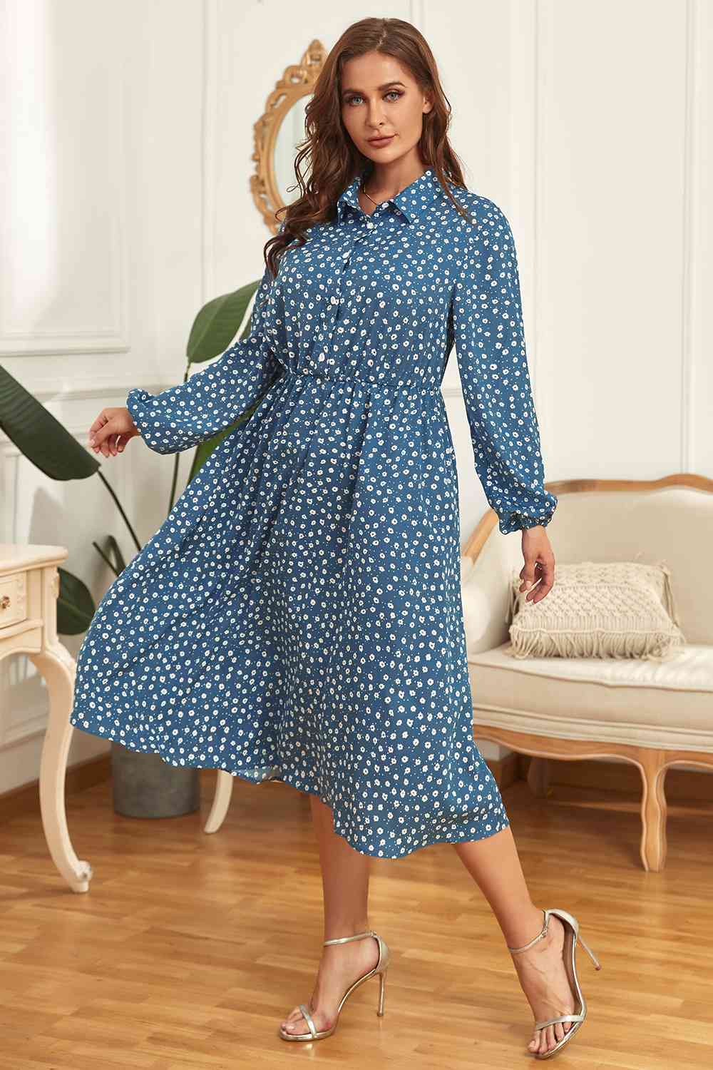 Plus Size Long Sleeve Shirt Dress - TRENDMELO