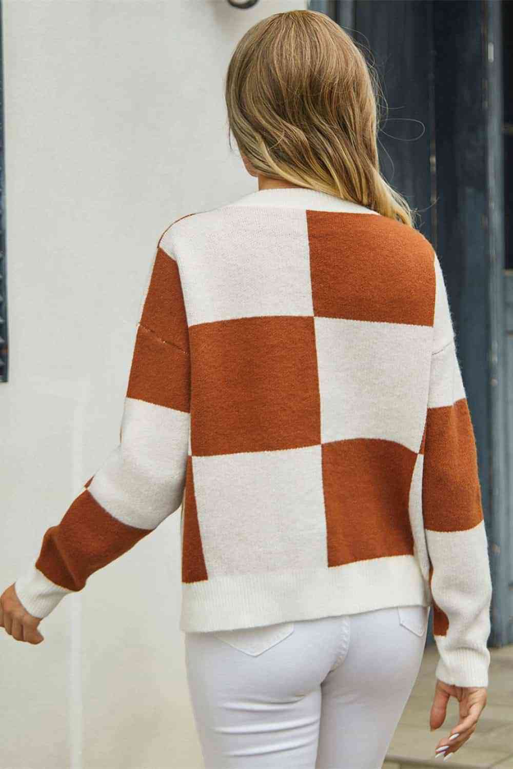 Plaid V-Neck Dropped Shoulder Cardigan - TRENDMELO
