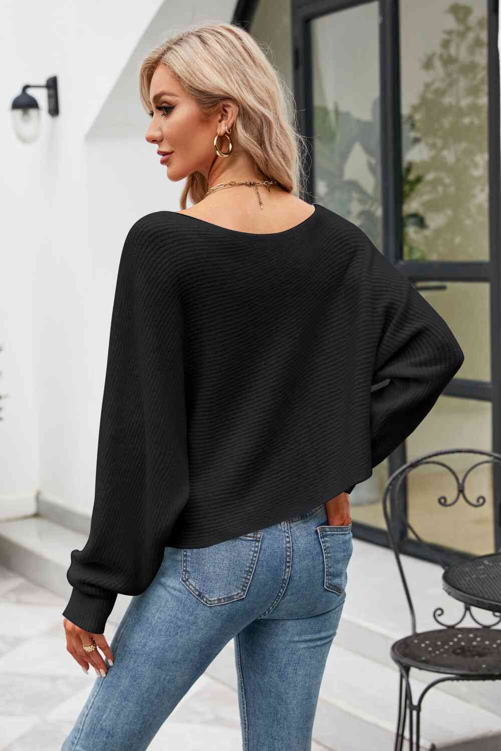 Boat Neck Horizontal Ribbing Dolman Sleeve Sweater - TRENDMELO