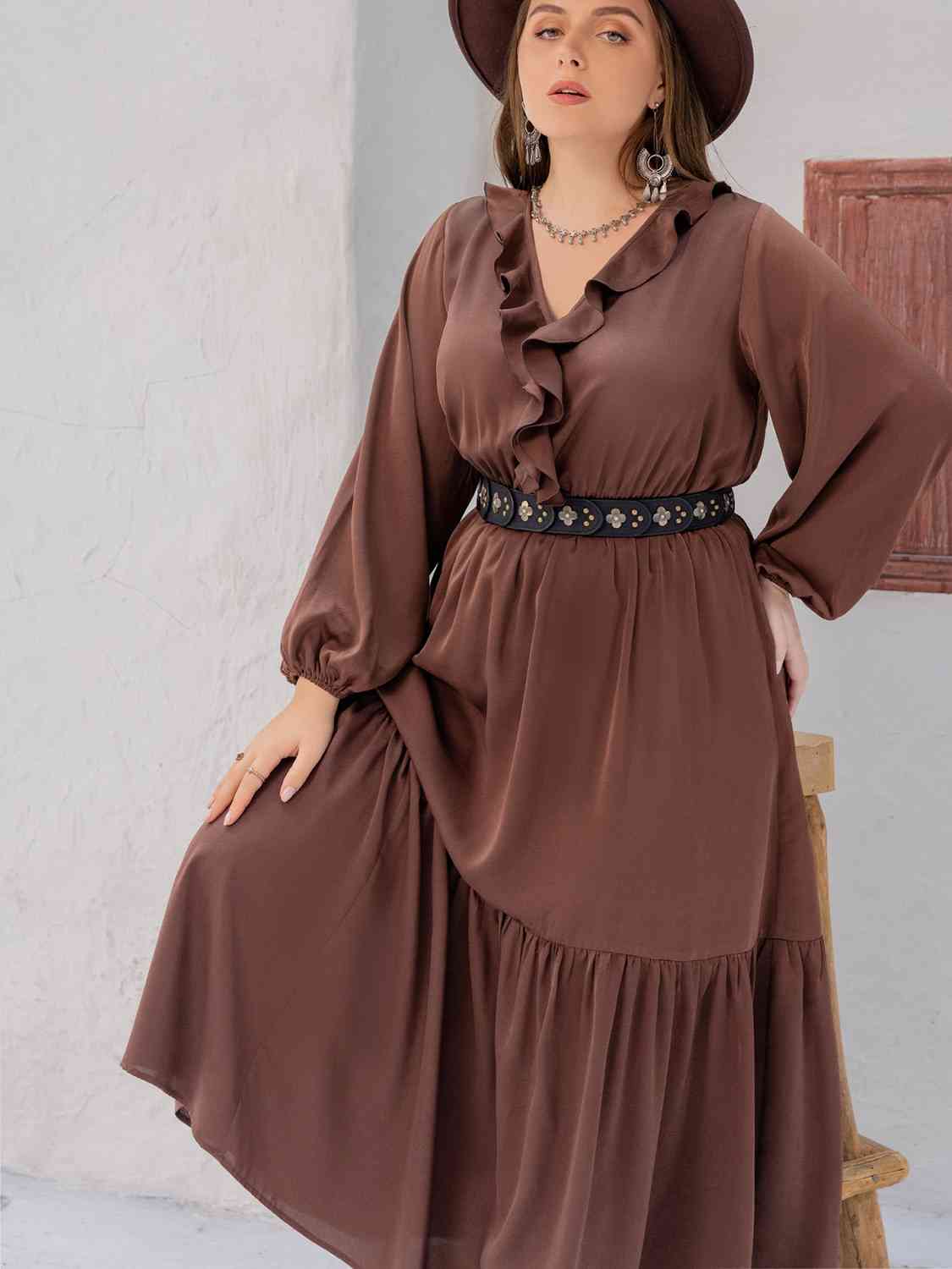 Plus Size V-Neck Ruffle Trim Maxi Dress - TRENDMELO