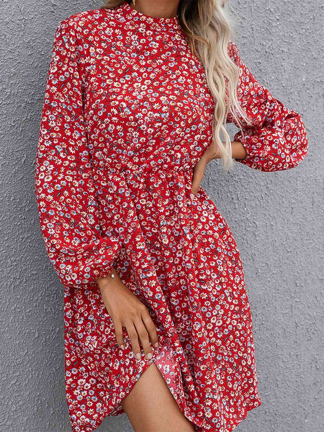 Floral Mock Neck Long Sleeve Dress - TRENDMELO