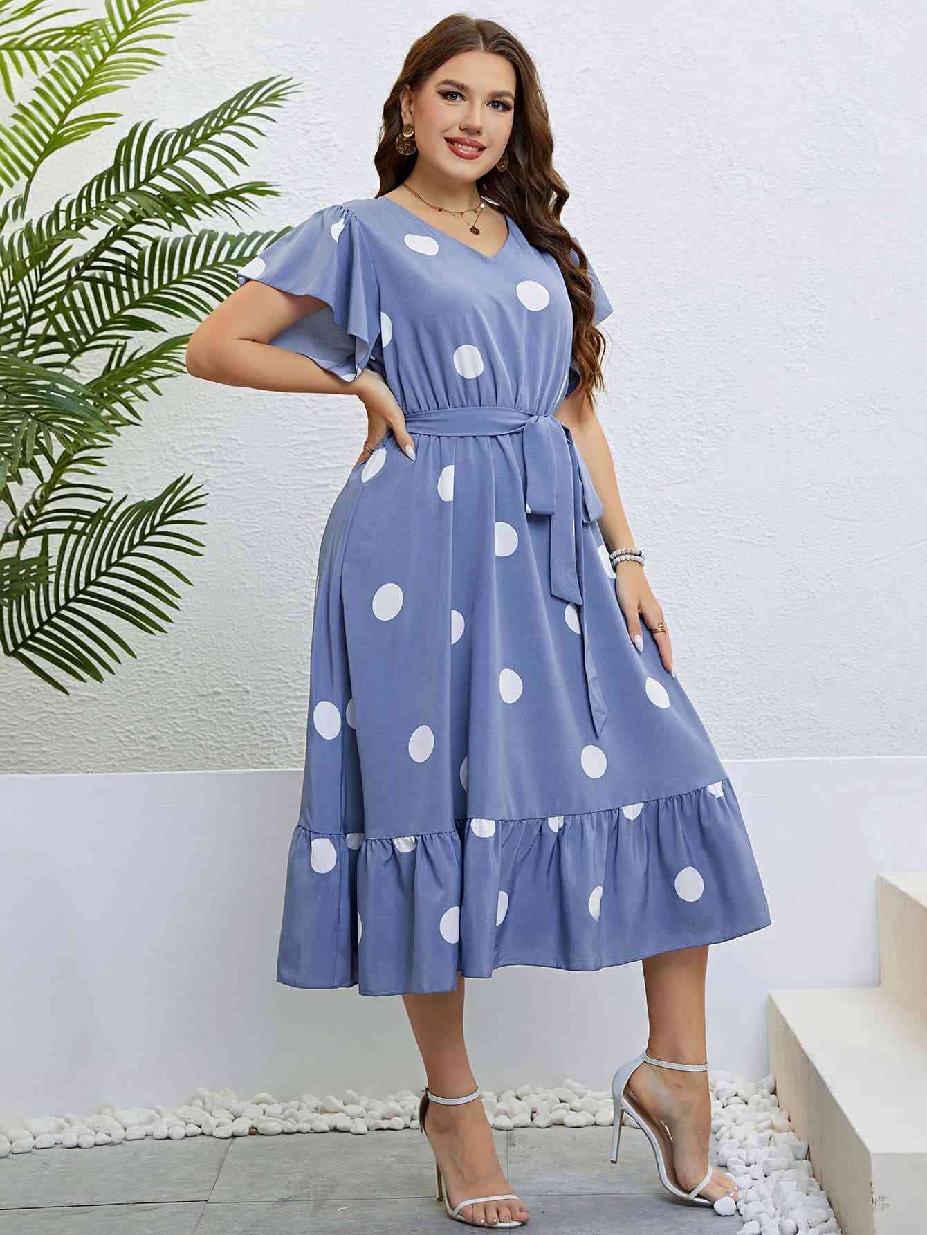 Polka Dot Belted Flutter Sleeve Ruffle Hem Dress - TRENDMELO