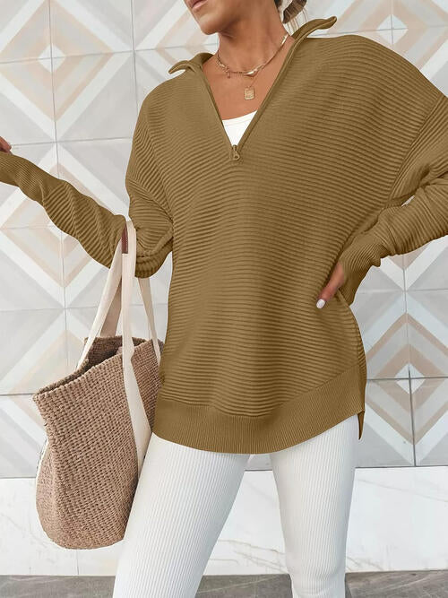 Half Zip Long Sleeve Knit Top - TRENDMELO