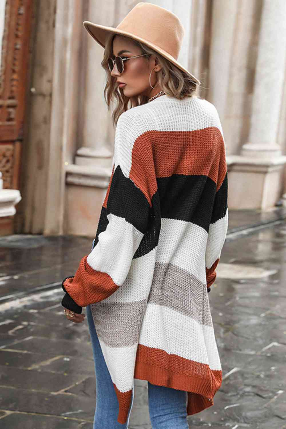 Striped Open Front Longline Cardigan - TRENDMELO