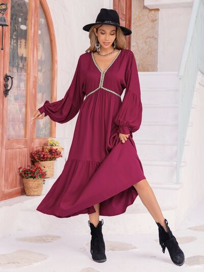 V-Neck Lantern Sleeve Ruffle Hem Dress - TRENDMELO