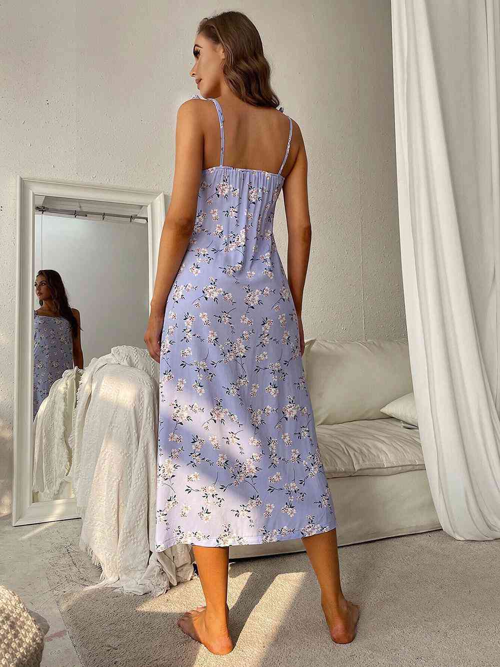 Printed Tie Shoulder Midi Night Dress - TRENDMELO
