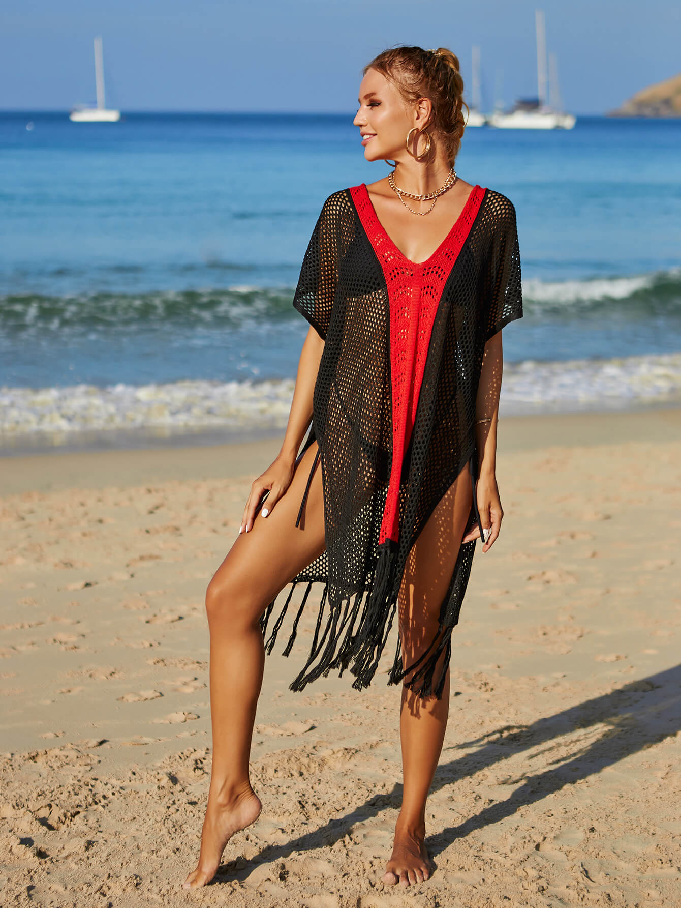 Contrast Fringe Trim Openwork Cover-Up Dress - TRENDMELO