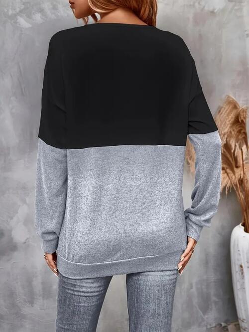 Contrast Crisscross V-Neck Long Sleeve Top - TRENDMELO