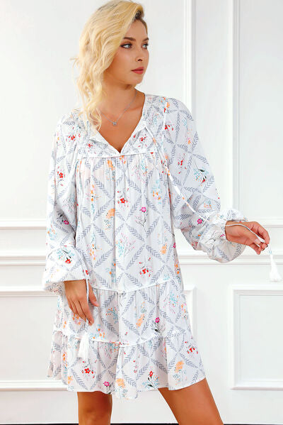 Printed Tie Neck Balloon Sleeve Tiered Dress - TRENDMELO