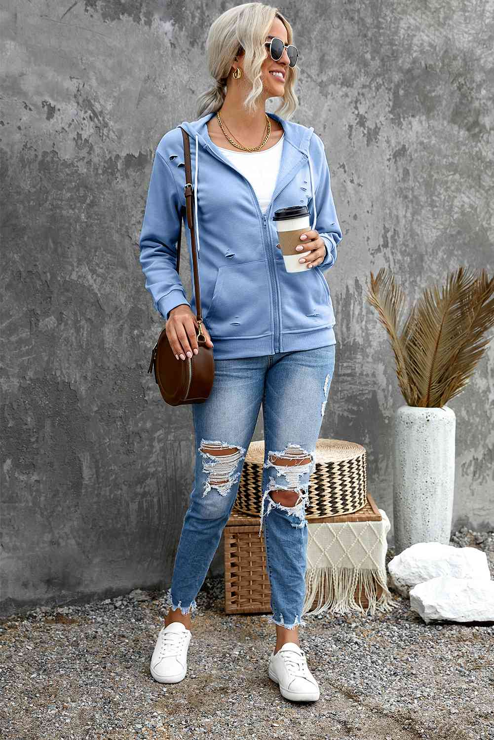 Distressed Zip Up Drawstring Detail Hoodie - TRENDMELO