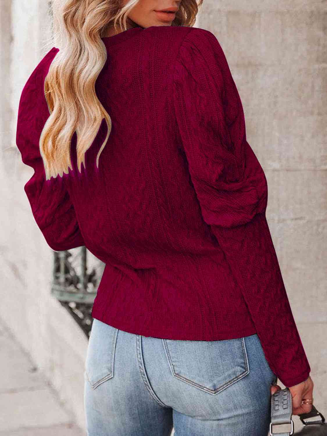 Round Neck Puff Sleeve Knit Top - TRENDMELO