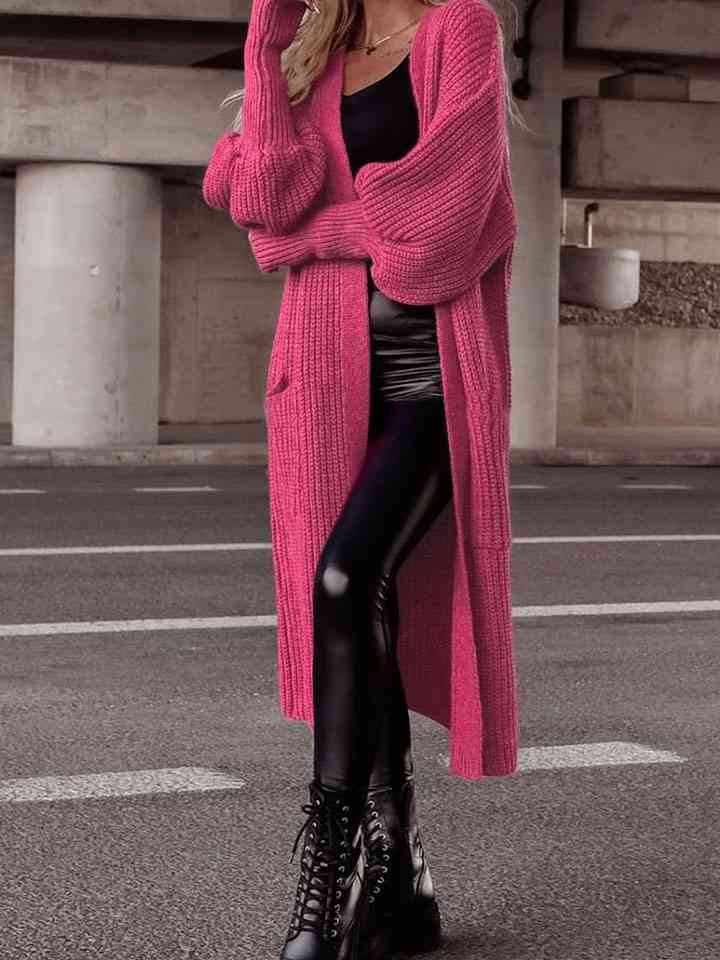 Lantern Sleeve Pocketed Cardigan - TRENDMELO
