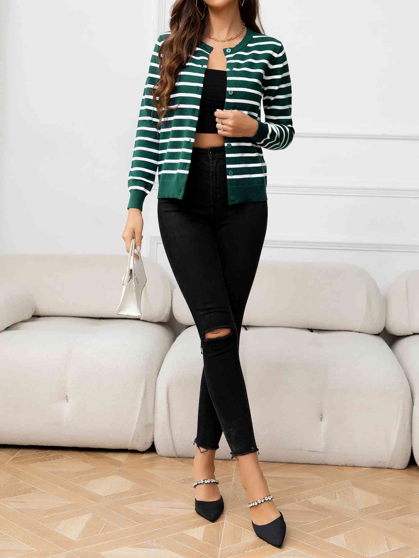 Striped Round Neck Long Sleeve Buttoned Knit Top - TRENDMELO