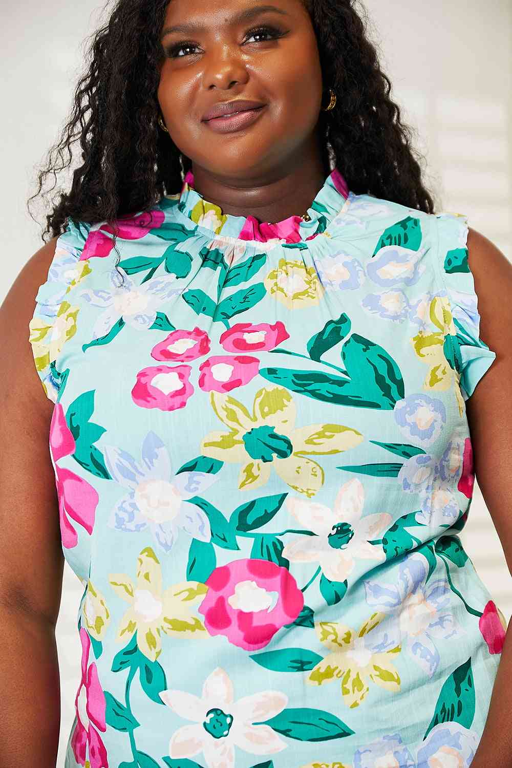 Double Take Floral Print Ruffle Shoulder Blouse - TRENDMELO