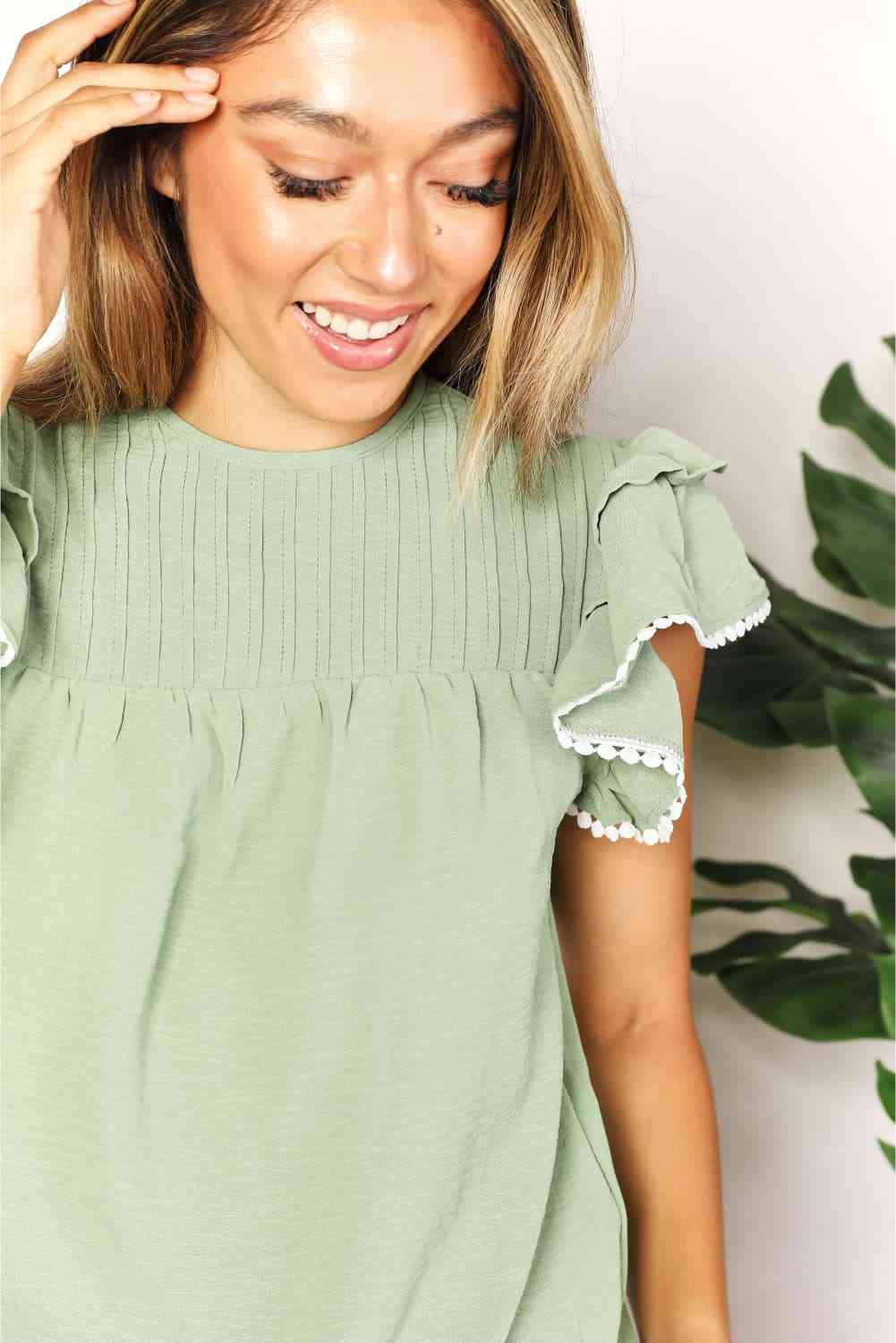 Double Take Pleated Detail Flutter Sleeve Blouse - TRENDMELO