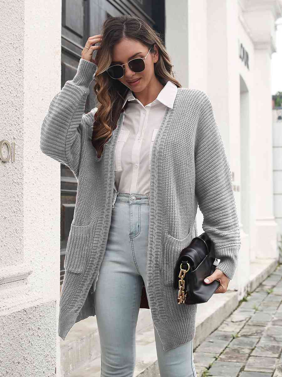 Open Front Rib-Knit Cardigan with Pockets - TRENDMELO