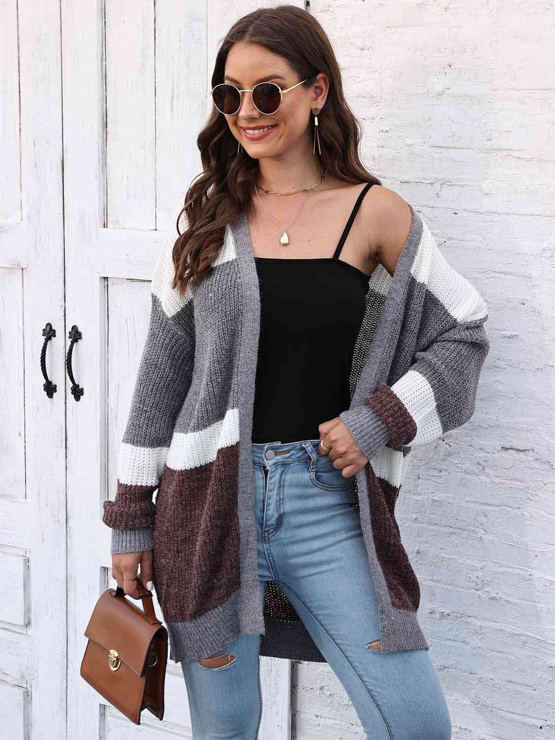 Color Block Open Front Cardigan - TRENDMELO