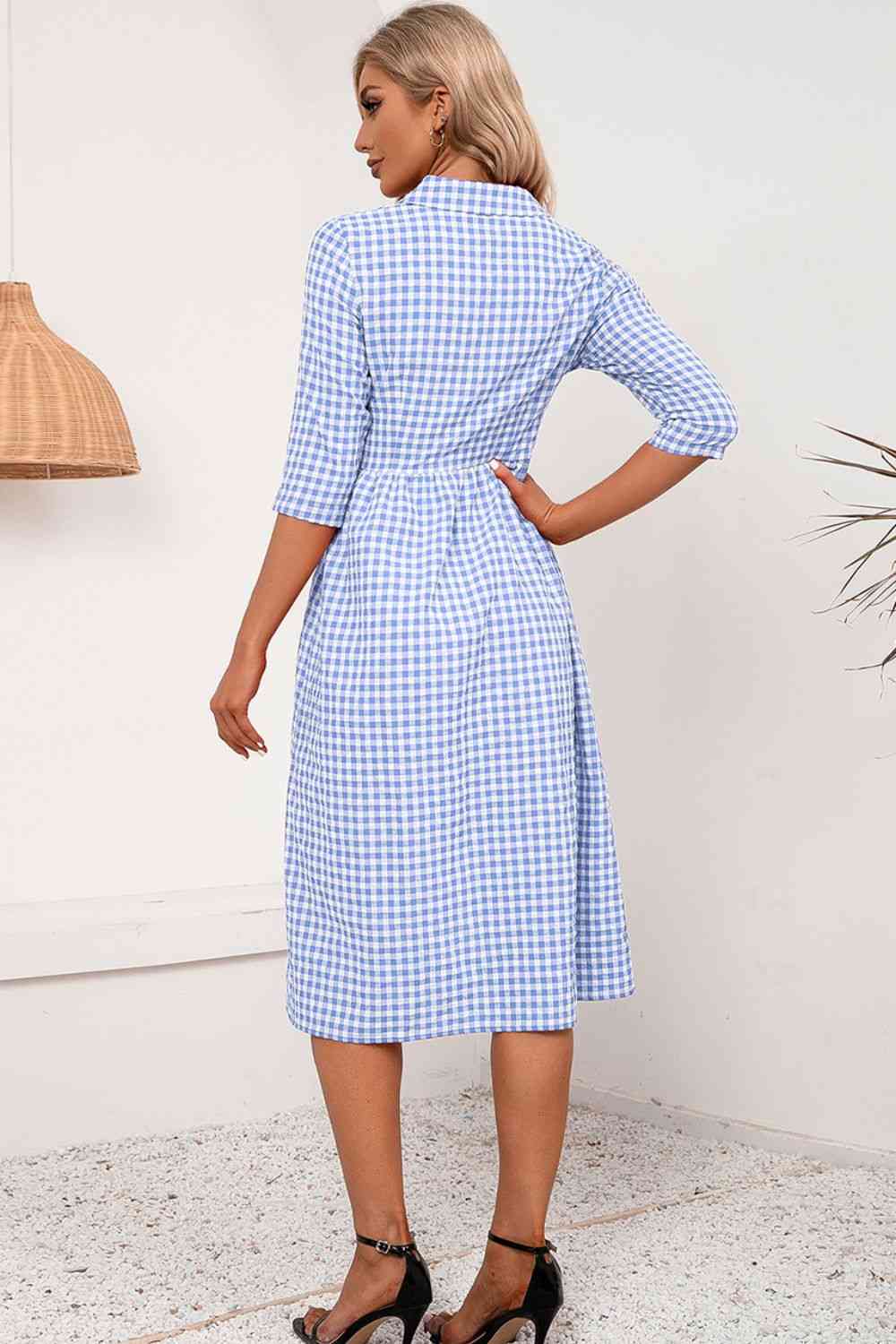 Plaid Collared Neck Midi Dress - TRENDMELO